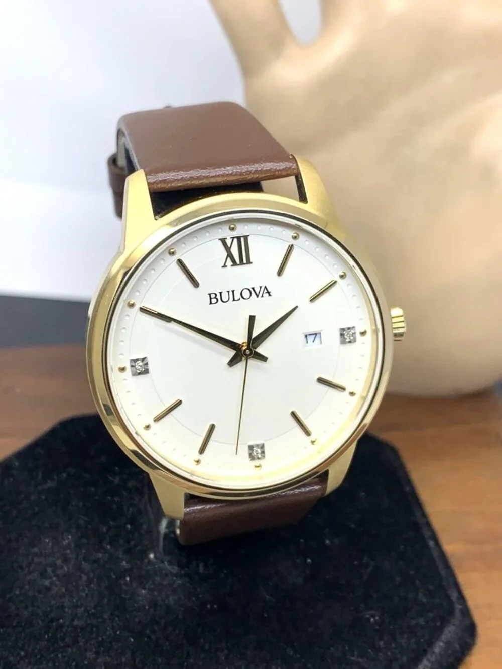 Bulova Men's Watch 97D125 Quartz Diamond Accent Gold Steel Brown Leather 41mm
